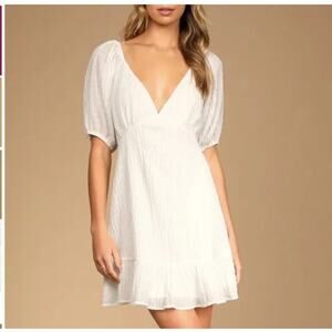 Lulus Flirtatious Fit White Puff Sleeve Mini Dress Size XL NEW